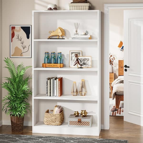 Bookcase Staggered Shelves 9-Tier White Modern Minimalist Design