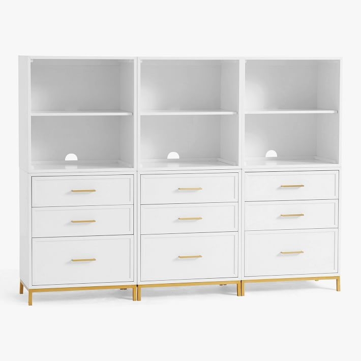 Bookcase Triple Column White Gold Hardware Drawers