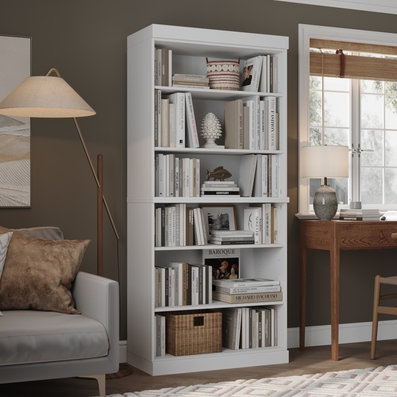 Bookcase with Traditional Crown Molding and Six Shelves in White