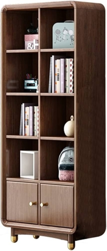 Bookshelf Lattice Sides Walnut Glass Doors Slim Profile Storage