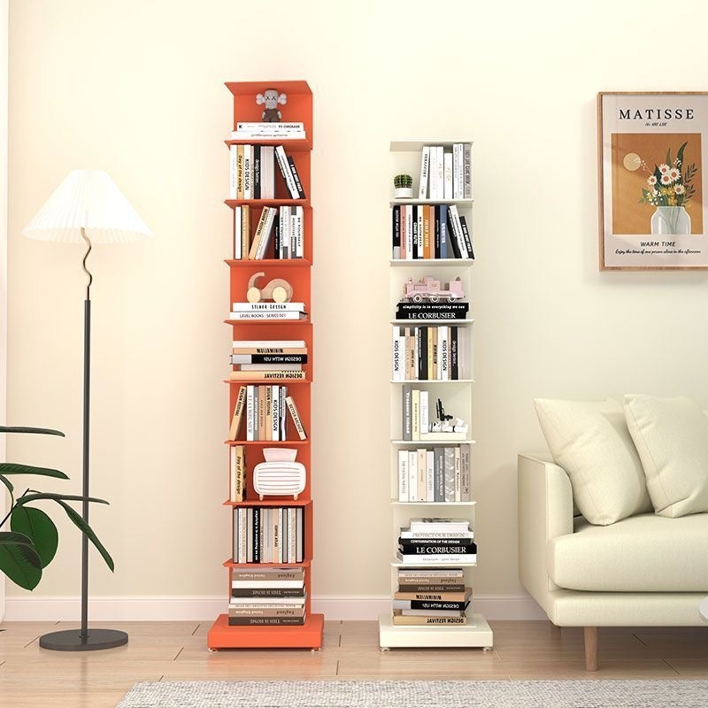 Bookshelf Saturated Orange Color Wall Mounted 8-Tier Floating Design