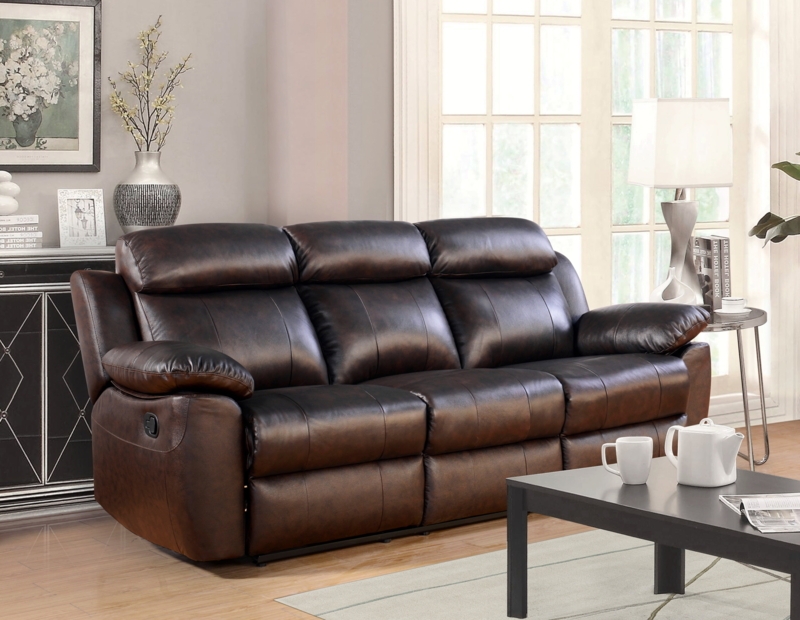 Brandy Brown Leather Reclining Sofa with Overstuffed Silhouette