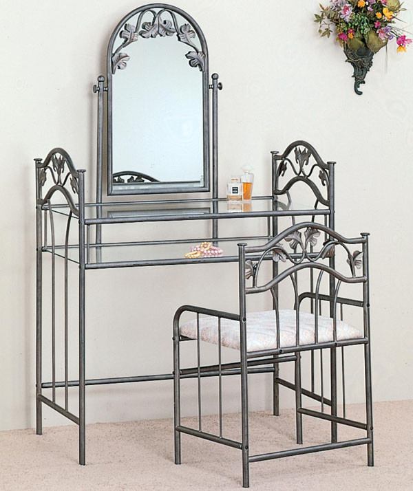 Bronze Scrolled Metal Vanity Set with Tilting Oval Mirror