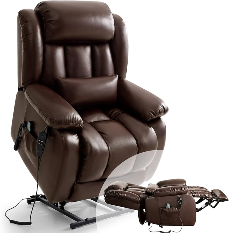 Brown Leather Like Power Lift Recliner With Integrated Cupholders
