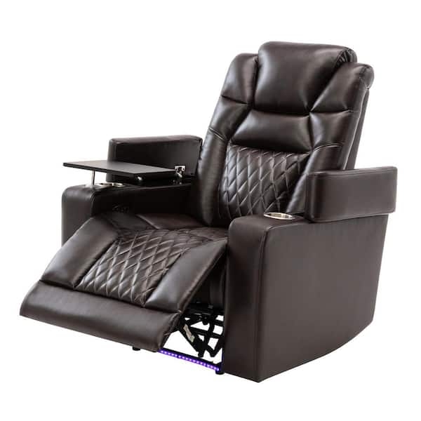 Brown Leather-Like Power Motion Recliner with Swivel Tray Table