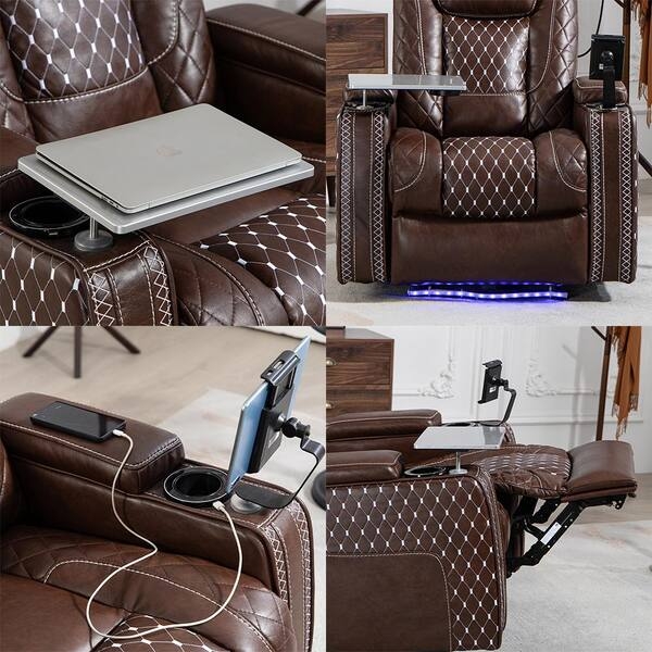 Brown Leather-Like Power Recliner with Ambient LED Base Lighting