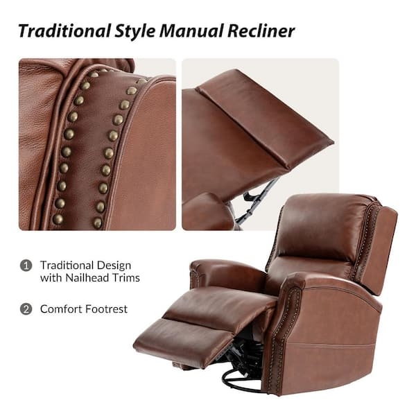 Brown Leather Recliner with Side Pocket & Track Arms