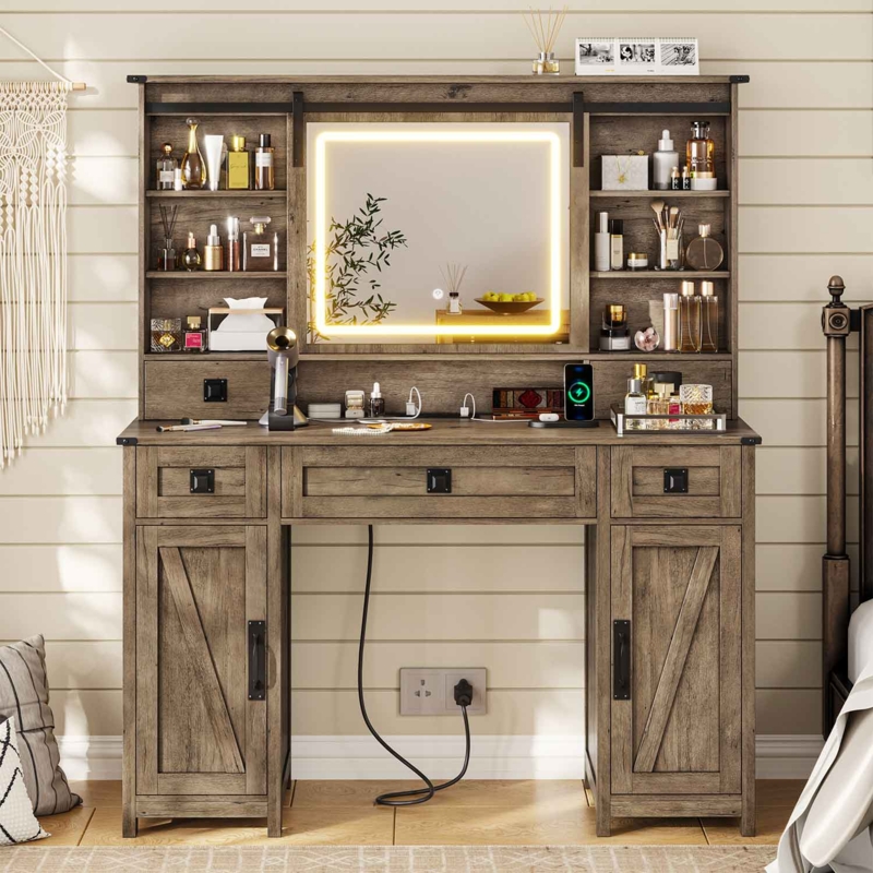 Brown Makeup Vanity with Sliding Mirror and Hidden Storage