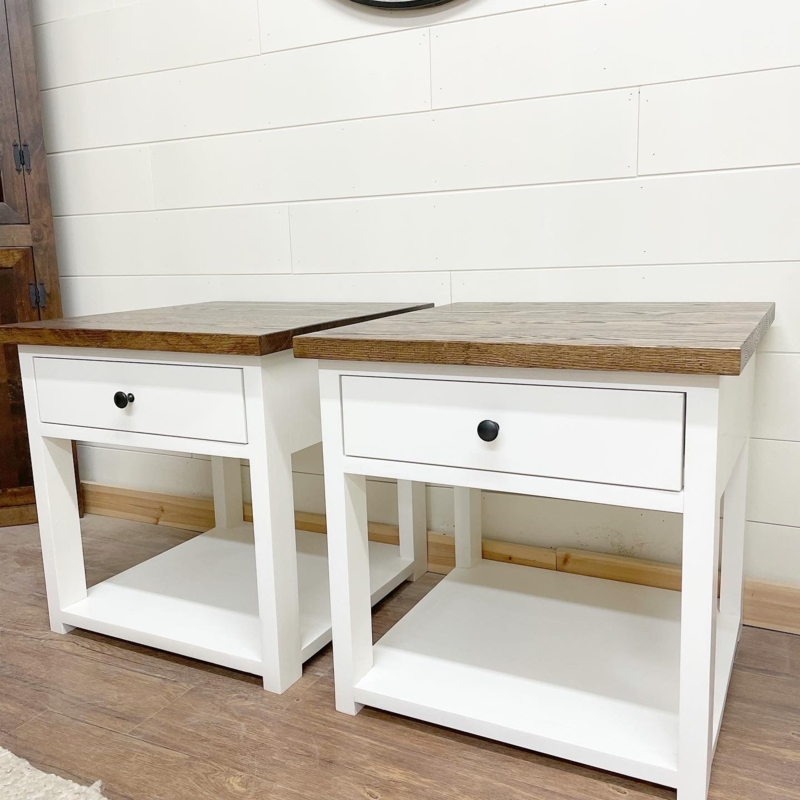 Brown Square End Table X-Brace Lower Shelf Planked Farmhouse