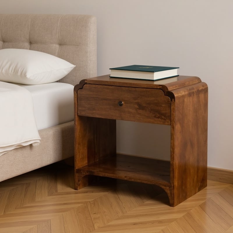 Brown Wood Tone Nightstand with Scalloped Bottom Edge and Shelf