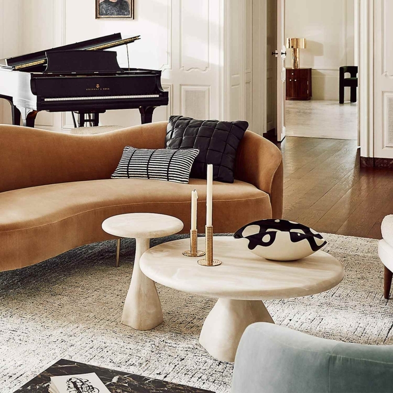 Brutalist Circular Coffee Table with Stone-Like Ribbed Pedestal Base
