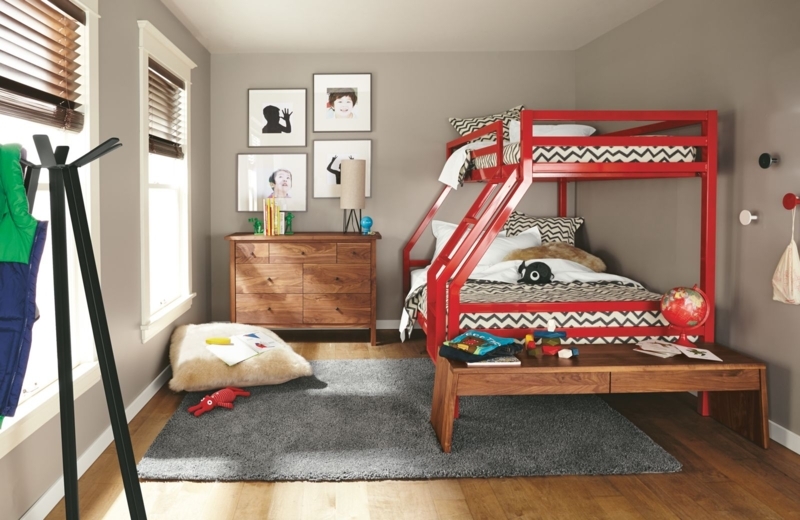 Bunk Bed Red Metal Powder Coated Finish Modern Industrial Layout
