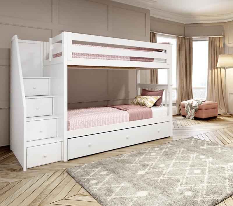 Bunk Bed with Staircase Storage, Trundle Unit, Matte White