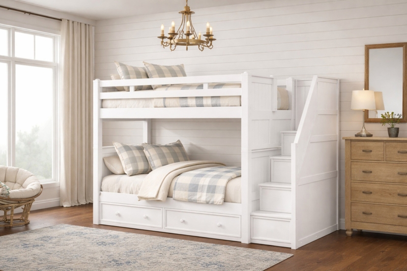 Bunk Bed with Storage Stairs: White Twin Over Twin Space-Saving Layout
