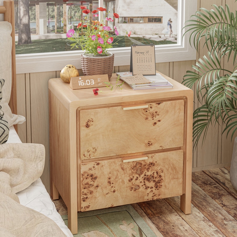 Burl Wood Nightstand with Two Drawers and Tapered Splayed Legs