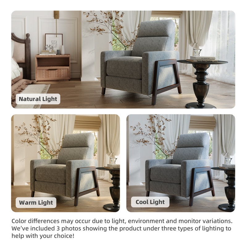 Button Tufted Recliner with Exposed Wood Frame