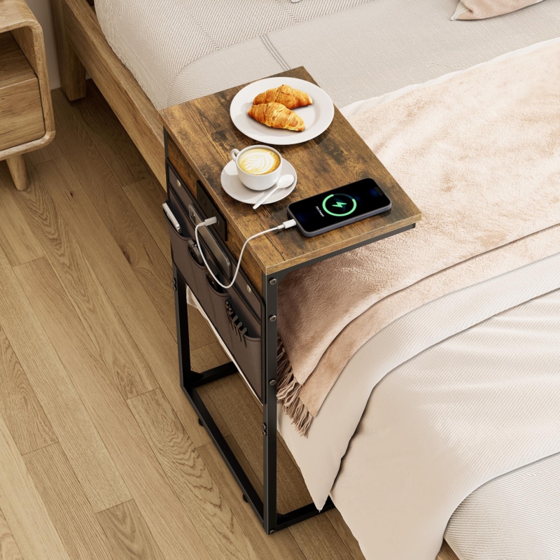 C-Shaped End Table Built-In Outlets Rustic Wood Metal Charging Station
