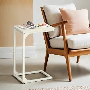 C-Shaped End Table featuring Light Wood Top and Metal Frame