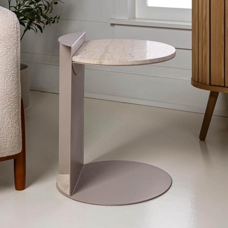C-Shaped End Table, Gold & Marble Cantilever Base, Modern Glam Styling