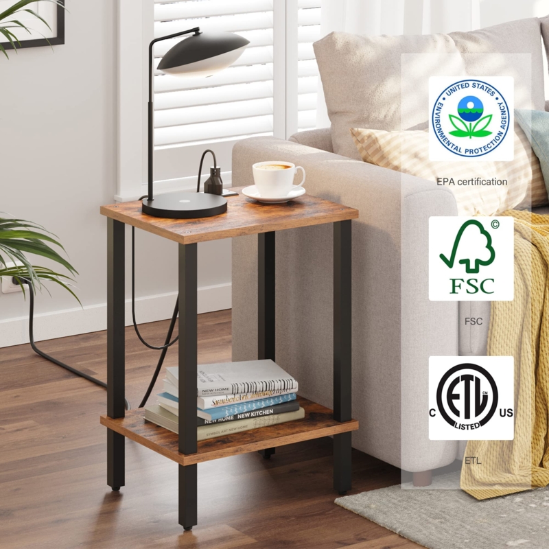 C-Shaped End Table Rustic Wood and Metal with Mesh Shelf Charging