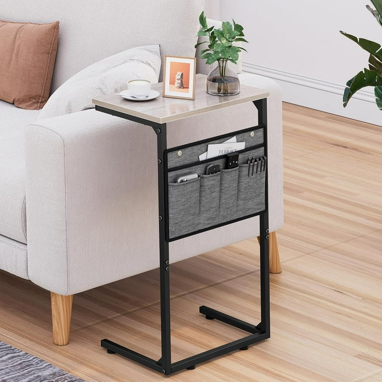 C-Shaped End Table with Metal Frame and Wood Top