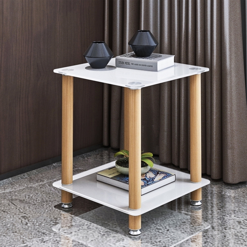 C-Shaped End Table with White Glass Top and Rolling Casters