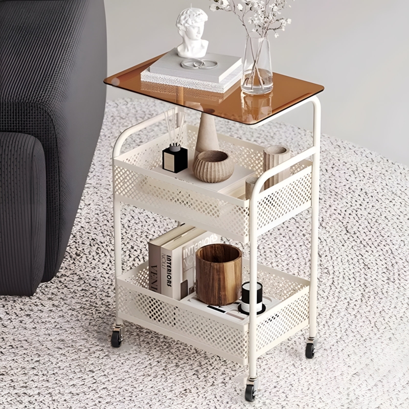 C-Shaped Mobile Side Table with Glass Top and Handle