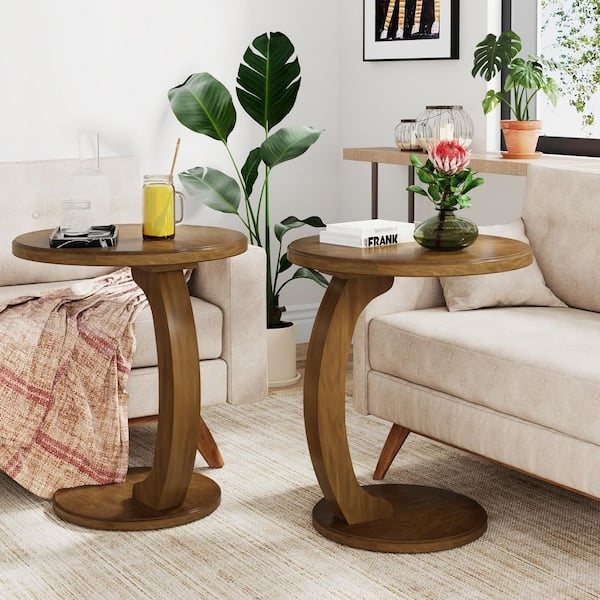 C-Shaped Nesting End Tables, Set of Two, Wood Grain Tops, Metal Frames