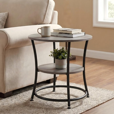 C-Shaped Side Table: Minimalist Black Metal & Wood Cantilever Base Design