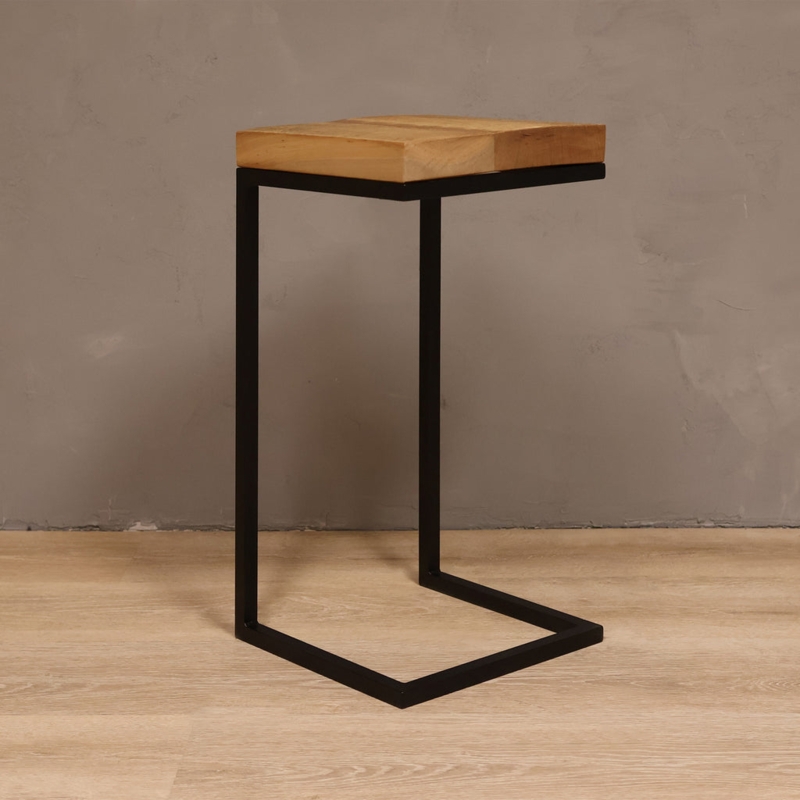 C-Shaped Side Table Reclaimed Wood Look Metal Frame Rustic