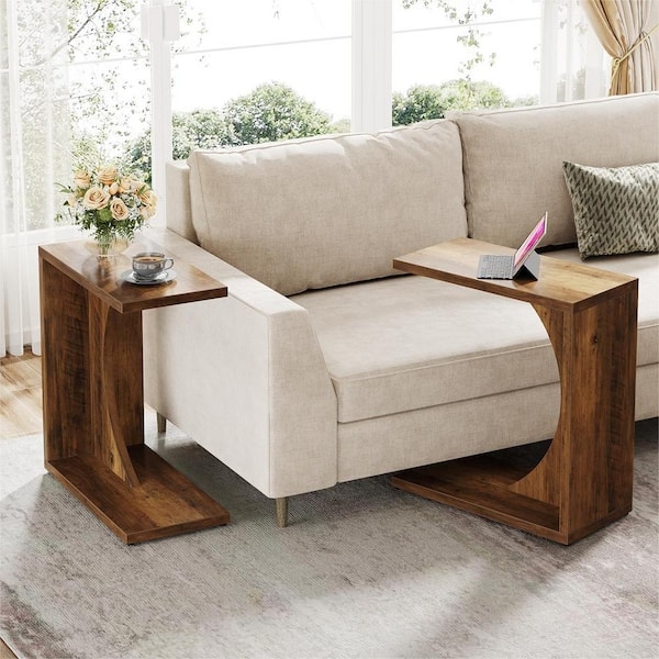 C-shaped Side Table Set Rustic Wood Metal, Slide Under Couch Accent Table