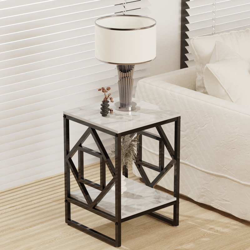C-Shaped Side Table Two Tiered Stone-Like Gold-Toned Frame