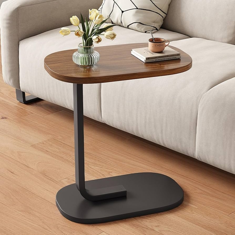C-Shaped Side Table Walnut Top Black Metal Frame Modern Cantilevered