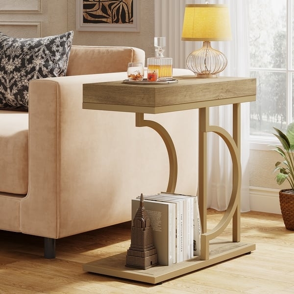 C-Shaped Side Table, White Rectangular Top and Polished Gold-Toned Frame