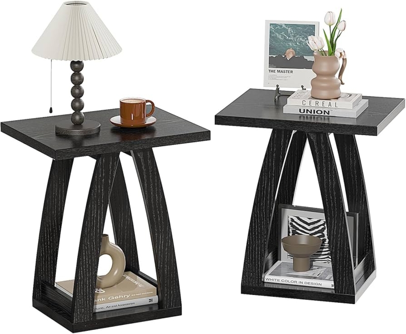 C-Shaped Side Table with Cantilevered Top and Bottom Shelf