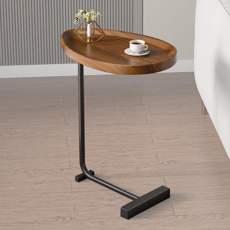 C-Shaped Sofa Side Table with Walnut Toned Top and Black Metal Frame