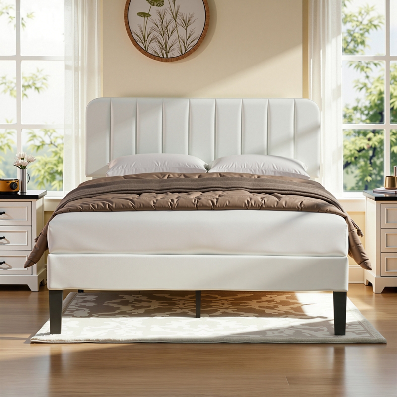 Camel Velvet Platform Bed with Vertical Channel Tufting