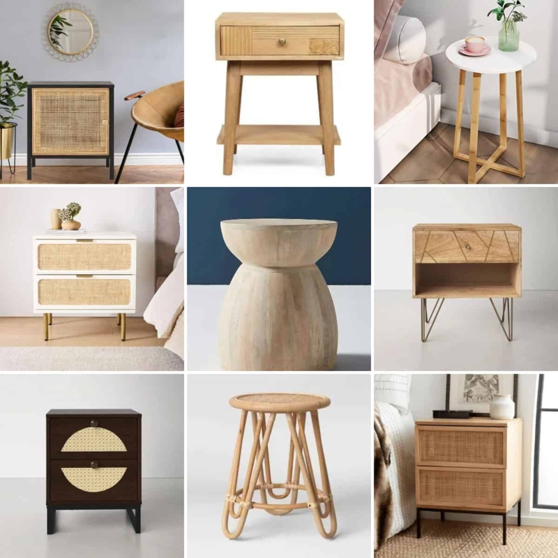 Cane Webbing Nightstand: 2 Drawers, Open Bottom Shelf, Natural Wood