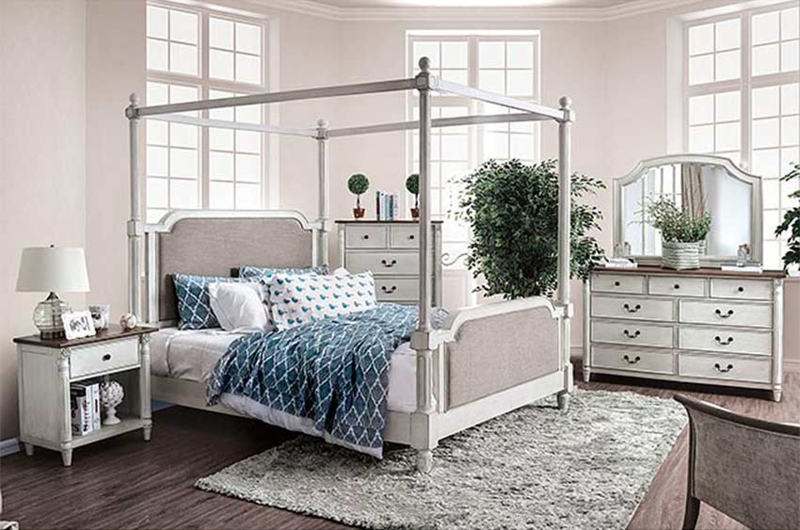 Canopy Bed Antique White Frame Grey Upholstered Headboard