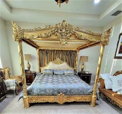 Canopy Bed Baroque Headboard Crown Gold Gilt Tufted Upholstered
