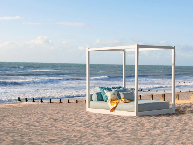 Canopy Bed Low Profile Four Poster Wood Toned Modern Tropical Patio