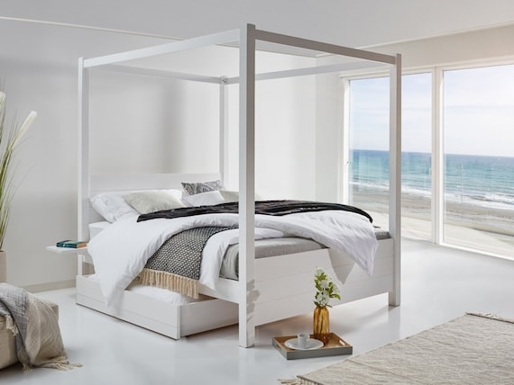 Canopy Bed Minimalist Light Wood Four Poster Frame Scandinavian Style