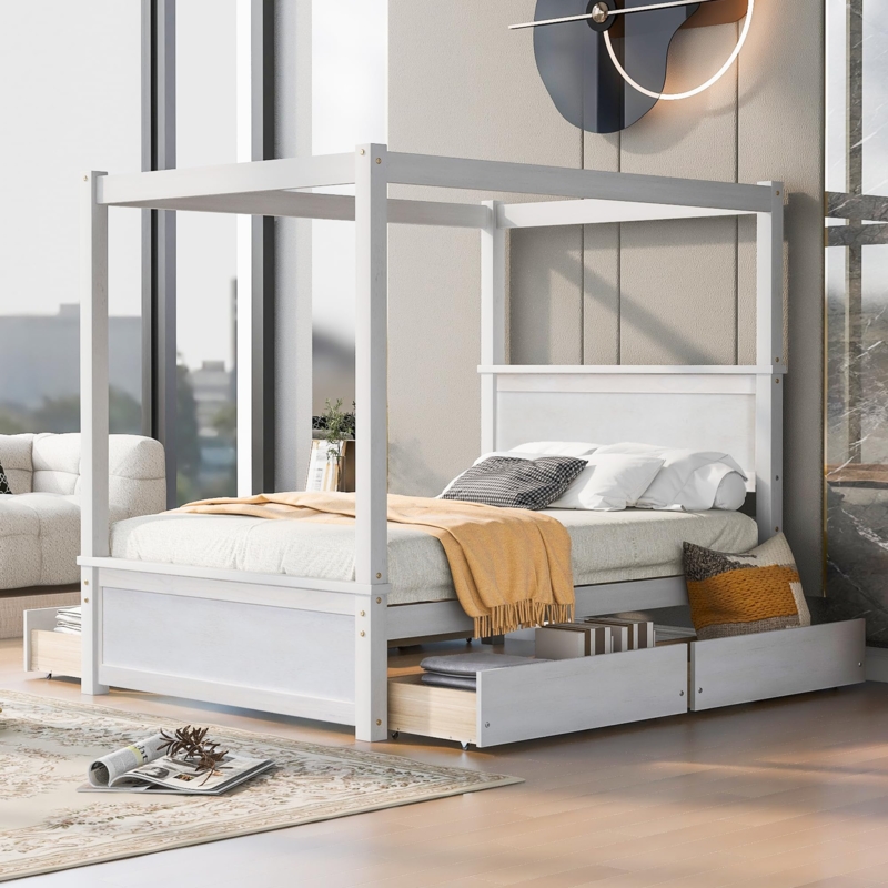 Canopy Bed White Painted Frame Storage Drawers Paneled Headboard