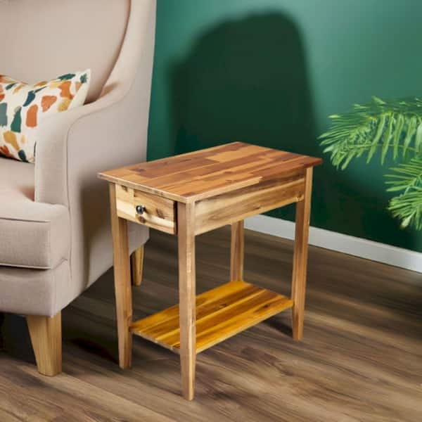 Cantilevered C-Shaped End Table Natural Wood Slide Under Sofa