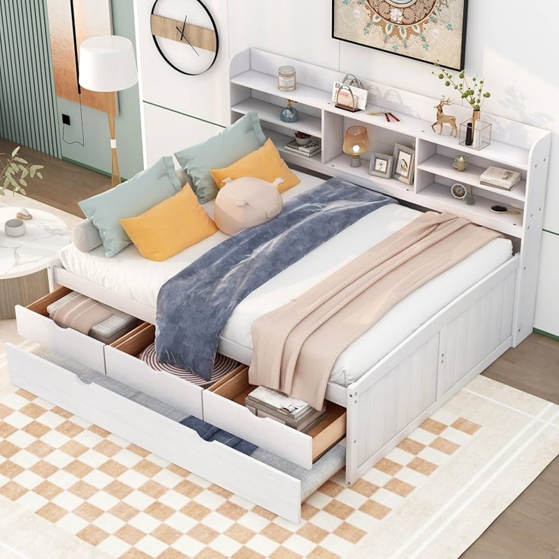 Captain's Bed with Trundle with Drawers, White Wash Bookcase Headboard