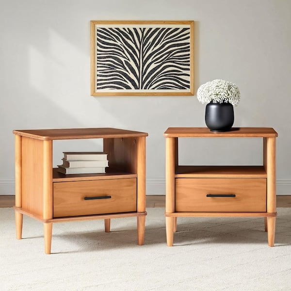 Caramel Wood Nightstand Set with Single Drawer and Open Shelf