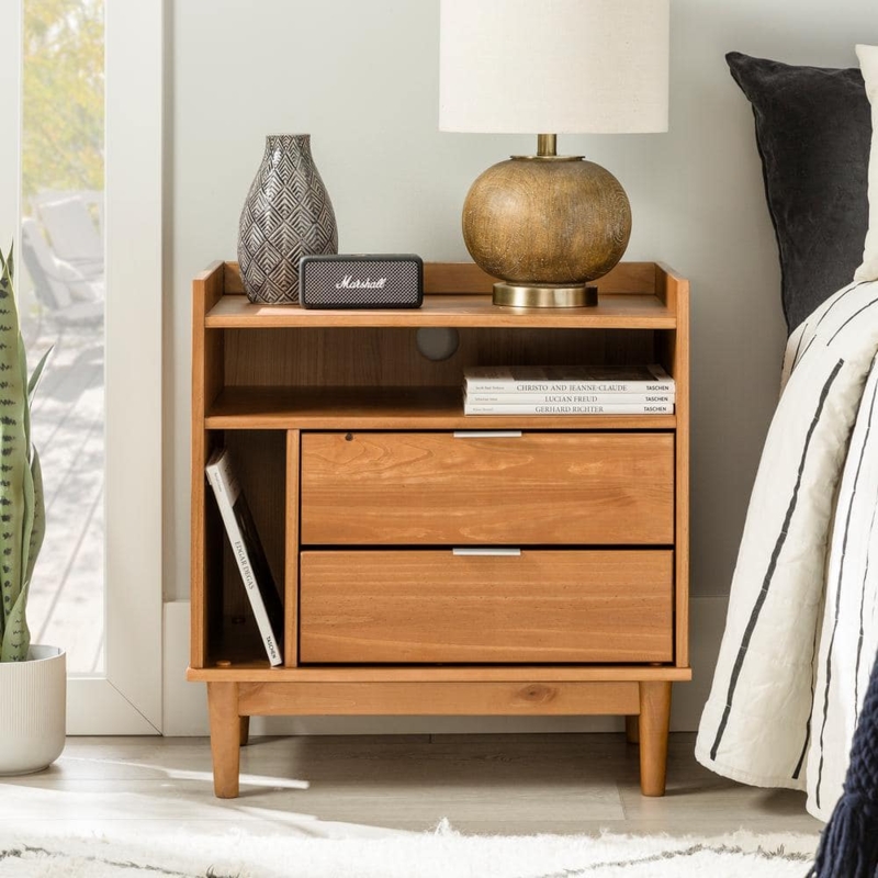 Caramel Wood Nightstand with Tray Top and Flared Tapered Legs