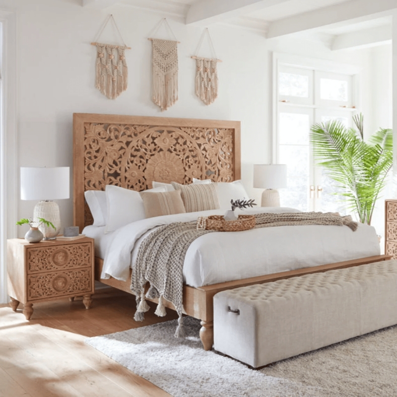 Carved Bed Frame with Mandala Pattern & Turned Legs Bohemian Style