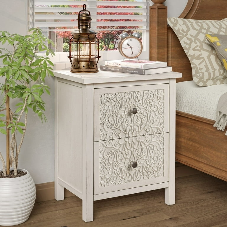 Carved Floral Accent Chest with Whitewashed Distressed Finish
