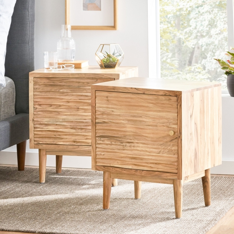 Carved Sunburst Bedside Table with Angled Black Metal Legs